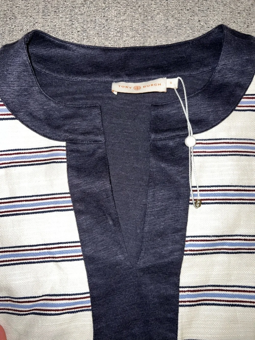NWOT Tory Burch Zora Tee Stripe Plunge Neckline Cotton Linen Top  Size S